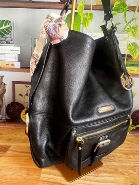 Michael Kors Austin Black Leather Hobo Bag with Gold Hardware